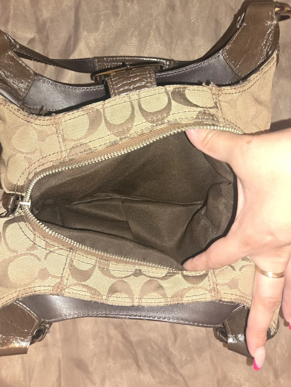 Coach Signature Canvas Hobo Bag in Khaki and Dark Brown